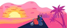 Character Male Biker, Female, Couple On Motorbike Vector Illustration. Neon, Vintage Flat Style, Orange Sunset, Sundown, Palm Tree, Road To City. Design For Web Banner, Poster, Postcard.