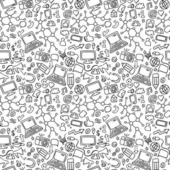 Social media doodles seamless pattern. Computer technology hand drawn icons on white background. Vector illustration.