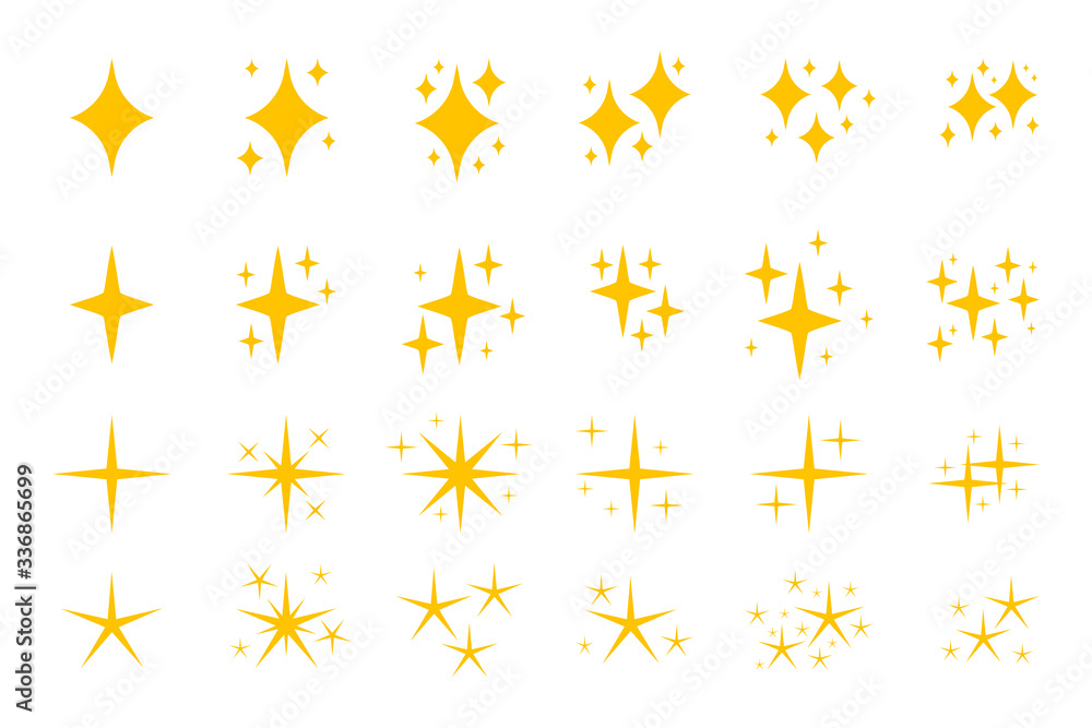 Yellow flat sparkles symbols icon set. Graphic element shiny flash. Decoration starry twinkle. Glitter bright different shape, burst firework glowing light effect.Isolated on white vector illustration - obrazy, fototapety, plakaty 