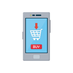 Poster - free shipping concept, smartphone with shopping cart on screen icon, flat style