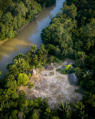 Aerial Indigenous community in Amazon rainforest