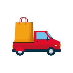 Poster - delivery pickup truck with shopping bag icon, flat style