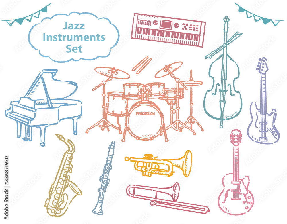 ジャズの楽器のイラスト素材セット Wall Mural Wallpaper Murals 夏妃 吉野