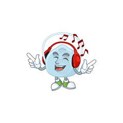 Sticker - Cartoon mascot design breathing mask enjoying music with headset