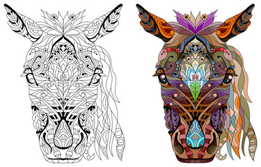 Zentangle horse head with mandala. Hand drawn decorative vector illustration for coloring