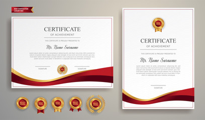 Wall Mural - Certificate of appreciation template, gold and red color. Clean modern certificate with gold badge. Certificate border template with luxury and modern line pattern. Diploma vector template