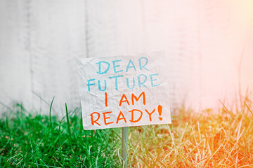 Wall Mural - Conceptual hand writing showing Dear Future I Am Ready. Concept meaning Confident to move ahead or to face the future Plain paper attached to stick and placed in the grassy land