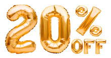 Golden Twenty Percent Sale Sign Made Of Inflatable Balloons Isolated On White. Helium Balloons, Gold Foil Numbers. Sale Decoration, Black Friday, Discount Concept. 20 Percent Off, Advertisement.