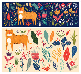 Wall Mural - Big Vector colorful summer collection with flowers, leaves and tiger. Trendy vector cartoon illustration 