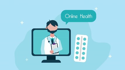 Sticker - doctor in desktop telemedicine technology animation