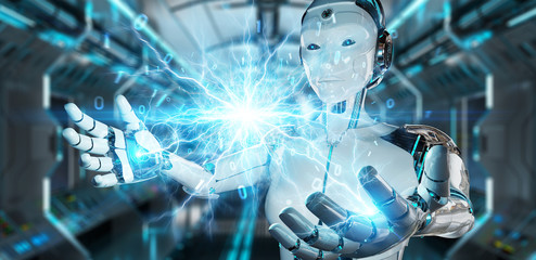 Wall Mural - white humanoid robot creating renewable and sustainable eco energy 3d rendering