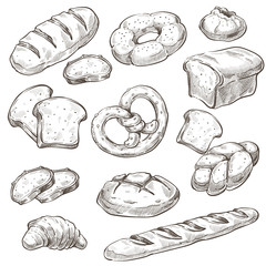 Wall Mural - Baked products, loaf of bread and buns monochrome