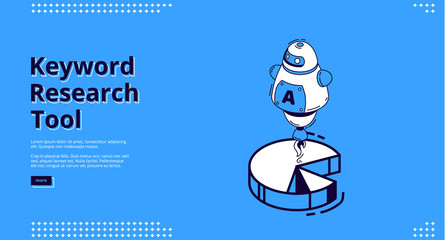 Wall Mural - keyword research tool banner with isometric icons on blue background. vector landing page of seo opt