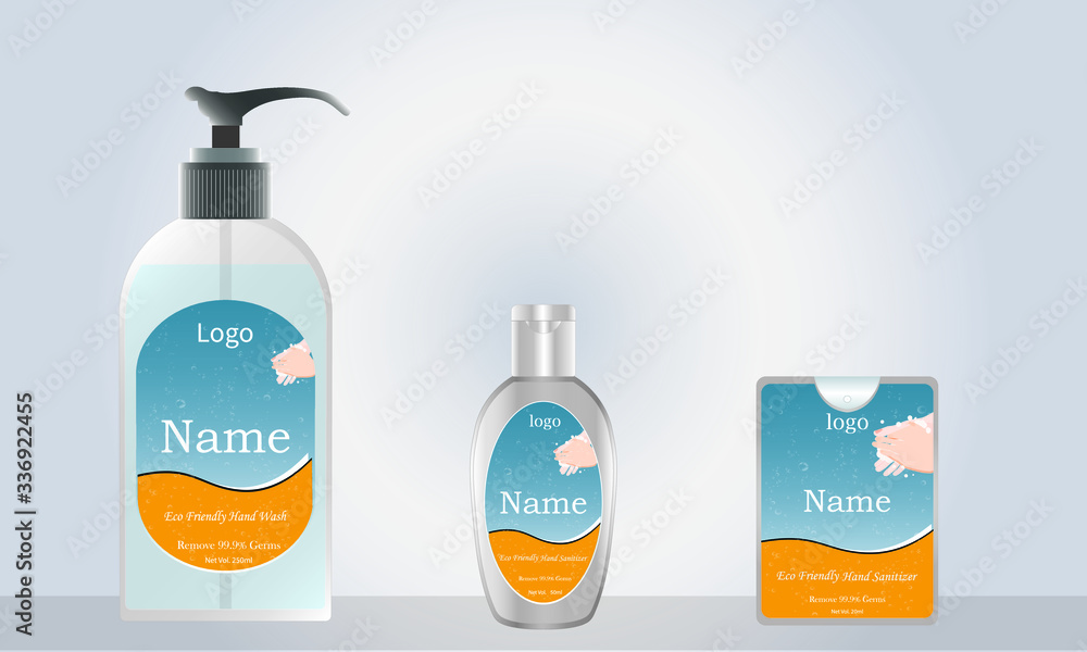 liquid soap and pocket hand sanitizer with label design ready for mock ...
