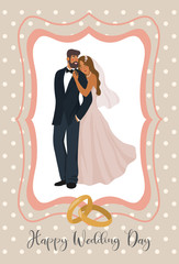 A pair of newlyweds and wedding rings in cute frame. Cute vector illustration in flat style.