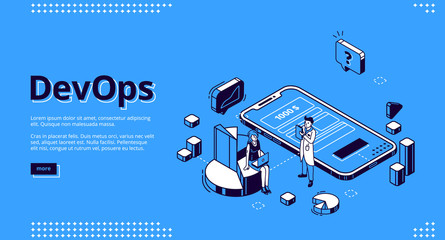 devops banner. concept of development operations, communication of programmers and engineers. vector