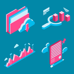 Wall Mural - Beautiful colorful vector isometric icons for study. It can be used on sites, presentations, banners and projects. Flat isolated icons. Infographics. Chart. Notebook. Cloud storage. Education.