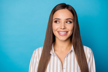 Poster - Close up photo of positive attractive lady entrepreneur look copyspace listen her work friends wear modern outfit isolated over blue color background