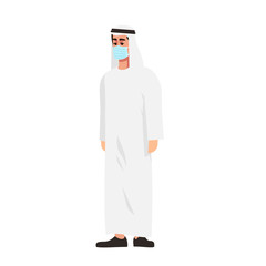 Sticker - Arab man in surgical mask semi flat RGB color vector illustration. Muslim guy isolated cartoon character on white background. Covid19 virus outbreak, personal health care, smog protection