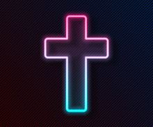 Glowing Neon Line Christian Cross Icon Isolated On Black Background. Church Cross. Vector Illustration