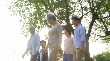 Wall Mural - three generation asian family walking talking relaxing outdoors in park