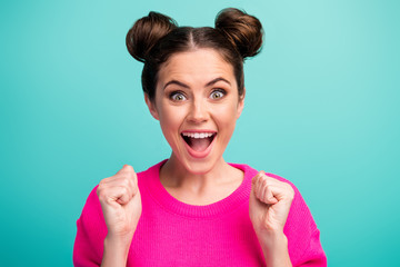 Canvas Print - Close-up portrait of her she nice attractive lovely charming cheerful cheery lucky girl winner fan holding fists celebrating isolated over bright vivid shine vibrant blue turquoise color background