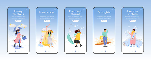 Weather forecast onboarding mobile app screen flat vector template. Seasonal storms. Walkthrough website steps with characters. UX, UI, GUI smartphone cartoon interface, case prints set