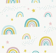 Hand drawn cute abstract pattern with rainbows and stars. Rainbow doodle vector seamless background. Design for fabric.