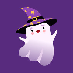 Sticker - White Little Ghost Wearing Witch Hat, Cute Halloween Spooky Character Vector Illustration