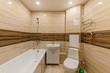 © evgeniykleymenov - Russia, Moscow- December 05, 2019: interior room apartment modern bright cozy atmosphere. general cleaning, home decoration, sovremennaya vannaya komnata, rakovina, elementy dekora, tualet