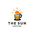 coffee logo with sun rise and sea water in modern line outline style vector icon template