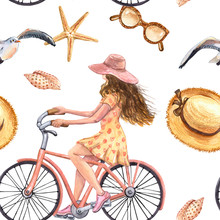 Watercolor Summer Vacations Seamless Pattern, Bicycle Girl Illustration. Summer Beach Bike And Young Women In Summer Dress And Hat Riding Her Beach Bike, On White Background.