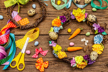 Hand Crafted Easter Wicker Wreath With Quail Eggs And Handmade Flowers. Set Of Materials And Tools For Needlework. Stay At Home Concept. Festive Easter Background