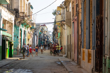 Wall Mural - Havana Old Town Street with Local People and Tourist. Cuba.