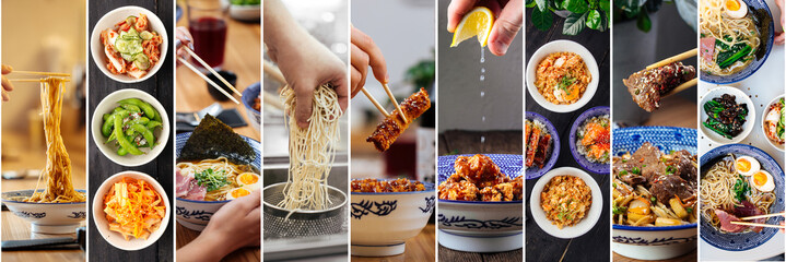 Wall Mural - Horizontal row collage with various Asian Japanese dishes in a traditional blue tableware for menu design