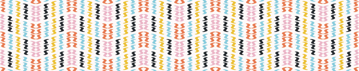 Sticker - Colorful chevron stripe seamless vector border background pattern. Stylized zig zag scribble swirl banner. Kawaii modern scandi style deco ribbon trim. Decorative bright japanese stationery washi tape