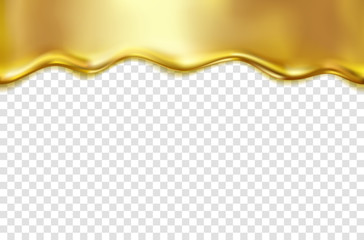 Gold foil drip isolated on transparent background. Golden water, bronze metal melt texture. Vector glossy liquid border template.