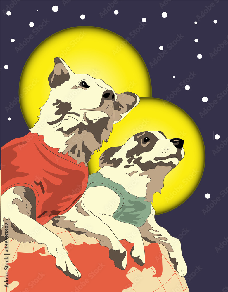 vector illustration, retro postcard with Belka and Strelka in space, dogs in space - obrazy, fototapety, plakaty 