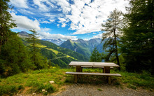 A Place To Relax In The Swiss Mountains, Trekking, Observation Deck, Table With A Bench In The Mountains