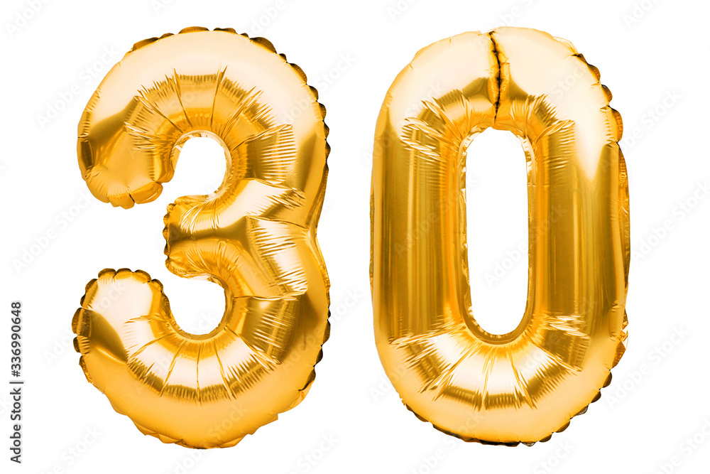 Number 30 thirty made of golden inflatable balloons isolated on white ...