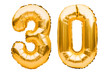 Number 30 thirty made of golden inflatable balloons isolated on white. Helium balloons, gold foil numbers. Party decoration, anniversary sign for holidays, celebration, birthday, carnival