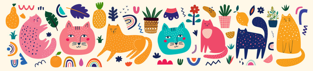 Wall Mural - Cute spring collection with cats. Decorative abstract horizontal banner with colorful cats. Hand-drawn modern illustrations with cats and flowers