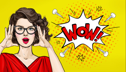 Surprised Pop Art woman in hipster glasses. Advertising poster or party invitation with sexy club girl with open mouth in comic style. Presenting your product. Expressive facial expressions