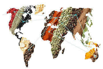 Wall Mural - Double exposure of world map and different spices on white background. Logistic and wholesale concept