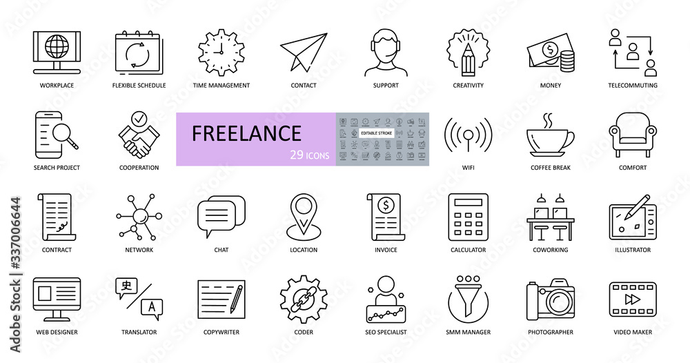 Freelance icons. Editable stroke vector set includes workplace, flexible schedule, project search, comfort, time management, money, telecommuting, creativity, money, support, network, contact, wifi - obrazy, fototapety, plakaty 