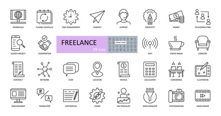 Freelance icons. Editable stroke vector set includes workplace, flexible schedule, project search, comfort, time management, money, telecommuting, creativity, money, support, network, contact, wifi
