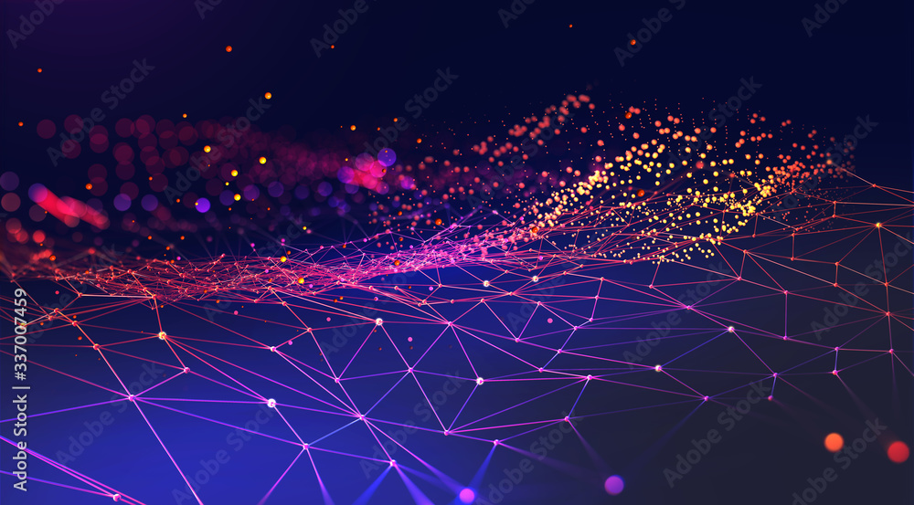 Neural network 3D illustration. Abstract Big data concept. Global database and artificial intelligence. Bright, colorful background with bokeh effect - obrazy, fototapety, plakaty 