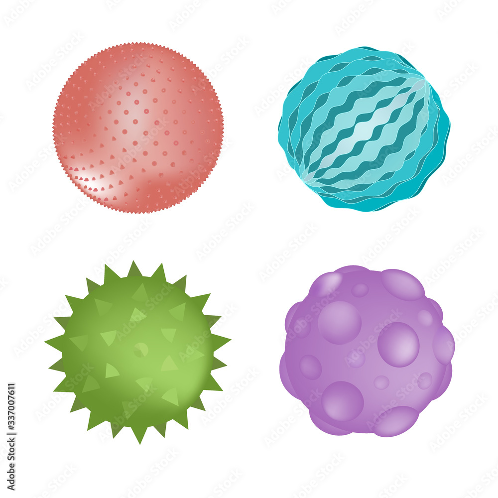 Sensory ball set of different colors and textures isolated on white. Vector illustration. Kids toys or sensory rooms equipment element - obrazy, fototapety, plakaty 
