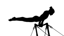 Girl Gymnast Exercise On Uneven Bars Gymnastics. Black Silhouette