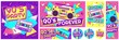 Retro 90s music party poster. Back to the 90s, nineties forever banner and retro funky pop radio badge vector illustration set. Music cassette 90s, trendy sound flyer